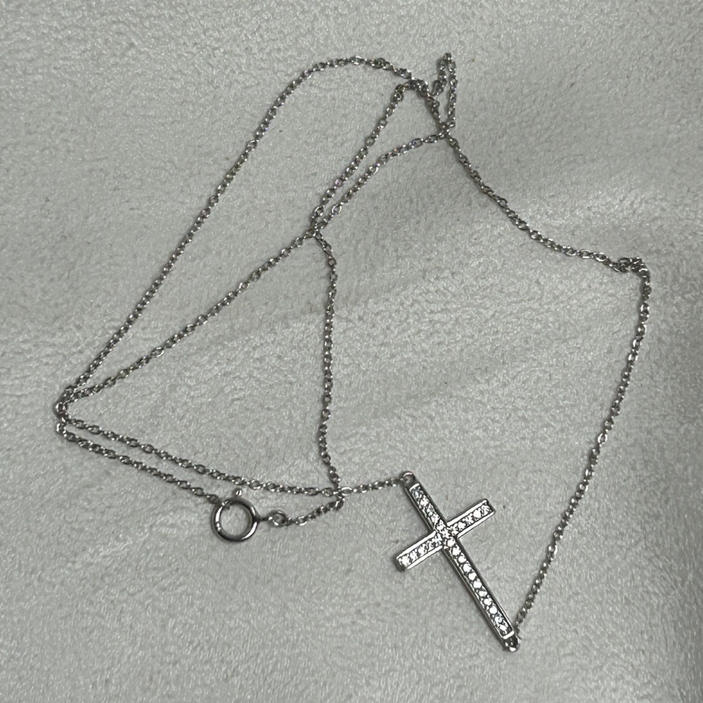 Sterling Silver Sideways Cross Necklace Dainty Clear Crystals Stamped 925 18"L - Picture 12 of 12